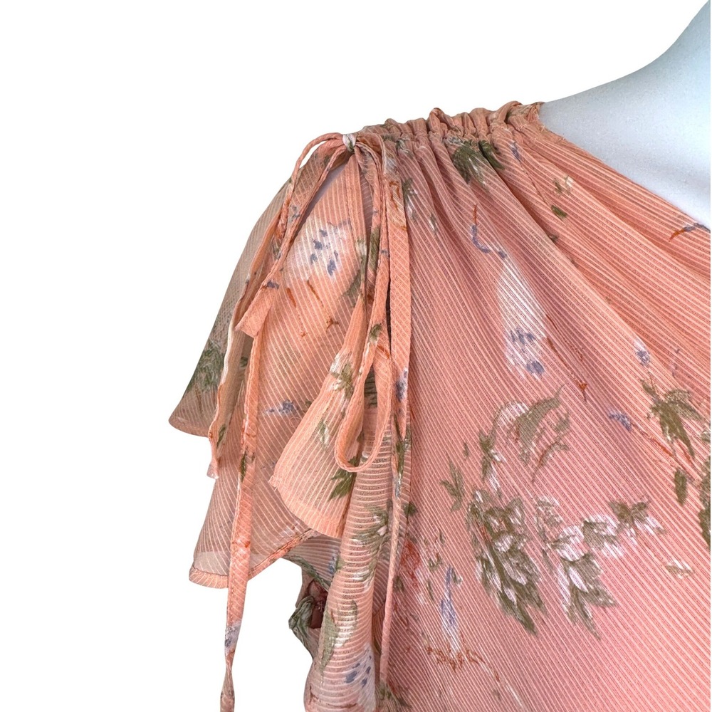 Banana Republic L One Shoulder Peach Floral Ruched Midi Slip Wedding Guest Dress - Picture 8 of 14